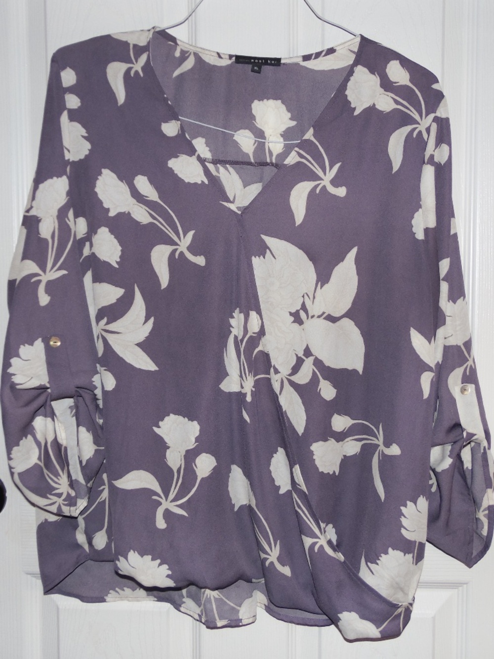 West Kei Women’s XL Purple Floral Faux Wrap Blouse Roll Tab Sleeve